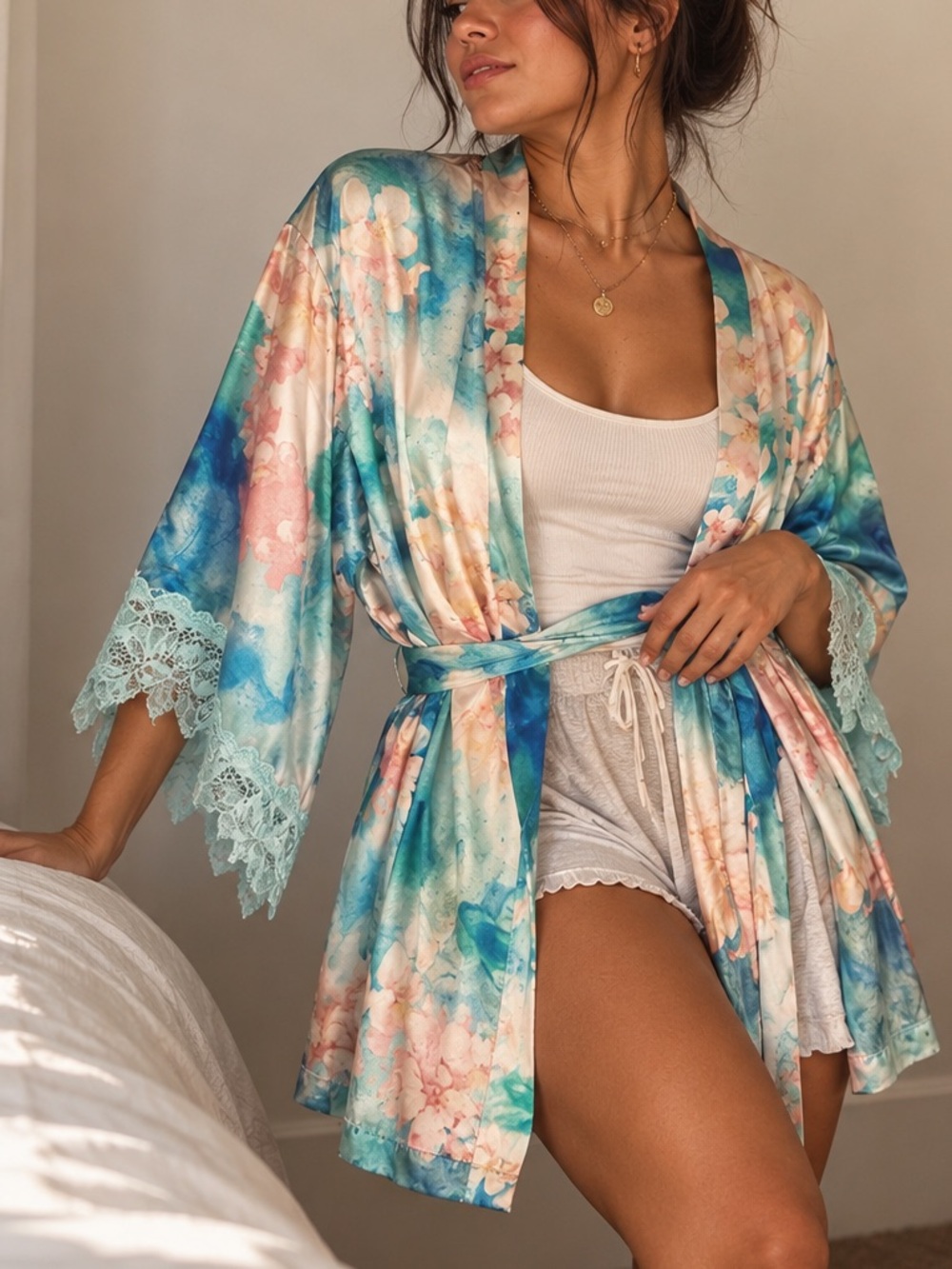 Floral Blue & Pink Kimono Robe
